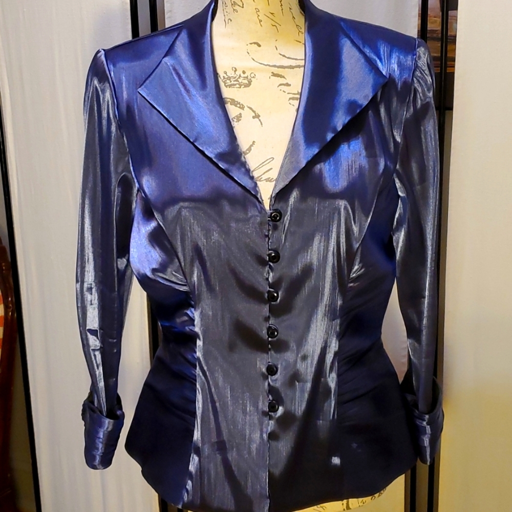 Jacket Evening Top Wear Xscape Joanna Chen size Medium Navy Blue